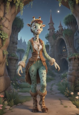 1girl,solo,short hair,animal ears,standing,full body,flower,boots,outdoors,sky,belt,pants,vest,tree,fur trim,night,brown footwear,moon,grass,star (sky),night sky,claws,furry,full moon,starry sky,fantasy,furry female,antlers,deer ears,breasts,open mouth,brown hair,jacket,tail,teeth,colored skin,fangs,plant,castle