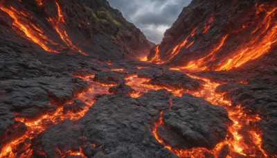 outdoors, sky, cloud, no humans, cloudy sky, fire, scenery, mountain, molten rock