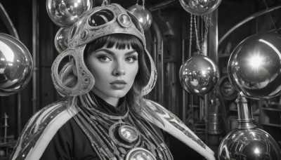 1girl,solo,looking at viewer,short hair,bangs,jewelry,closed mouth,monochrome,upper body,greyscale,indoors,blunt bangs,cape,lips,eyelashes,helmet,realistic,nose,orb,globe,signature,gem,portrait,science fiction