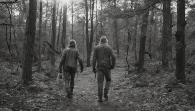 holding,standing,jacket,monochrome,weapon,greyscale,male focus,boots,outdoors,multiple boys,pants,2boys,bag,from behind,holding weapon,tree,gun,sunlight,holding gun,nature,scenery,rifle,forest,walking,assault rifle,hood,torn clothes,realistic