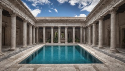 outdoors,sky,day,cloud,water,tree,blue sky,no humans,window,sunlight,cloudy sky,plant,building,scenery,pool,architecture,pillar,arch,column,stairs,ruins,bridge