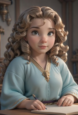 1girl,solo,long hair,looking at viewer,smile,blonde hair,brown hair,long sleeves,dress,holding,brown eyes,sitting,upper body,parted lips,indoors,blurry,lips,grey eyes,book,eyelashes,depth of field,blurry background,blue dress,drill hair,table,freckles,curly hair,robe,open book,realistic,nose,pen,pencil,breasts,artist name,ringlets