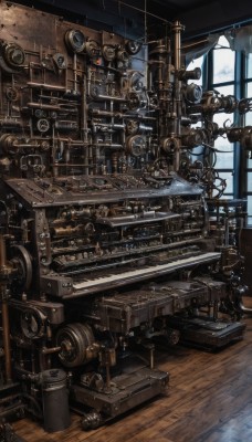 indoors,no humans,window,chair,table,scenery,wooden floor,stairs,cable,gears,industrial pipe,steampunk,machine,telescope,day,instrument,machinery,science fiction,cannon,clock