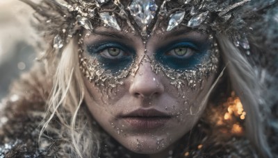 1girl,solo,long hair,looking at viewer,blonde hair,closed mouth,green eyes,yellow eyes,white hair,artist name,blurry,lips,eyelashes,makeup,depth of field,blurry background,gem,portrait,snow,close-up,eyeshadow,ice,crystal,realistic