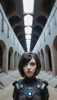 1girl,solo,breasts,looking at viewer,short hair,bangs,brown hair,black hair,brown eyes,closed mouth,upper body,indoors,armor,lips,bodysuit,makeup,swept bangs,science fiction,realistic,nose,window,ruins,shoulder pads