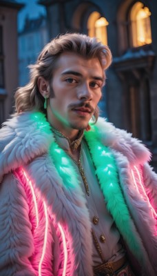 solo,long hair,looking at viewer,brown hair,1boy,jewelry,closed mouth,jacket,upper body,male focus,earrings,belt,artist name,necklace,blurry,black eyes,lips,coat,fur trim,night,blurry background,facial hair,feathers,beard,zipper,hoop earrings,realistic,nose,mustache,hair slicked back,blue eyes,shirt,grey hair,outdoors