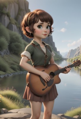 1girl,solo,looking at viewer,blush,smile,short hair,bangs,skirt,brown hair,shirt,hair ornament,holding,brown eyes,jewelry,closed mouth,green eyes,standing,flower,short sleeves,pleated skirt,hairband,outdoors,sky,day,artist name,cloud,water,blurry,blue sky,lips,depth of field,blurry background,feet out of frame,grass,instrument,child,freckles,brown skirt,rock,nose,green shirt,music,guitar,female child,playing instrument,holding instrument,river,lake,dress,earrings,pointy ears,nail polish,green dress