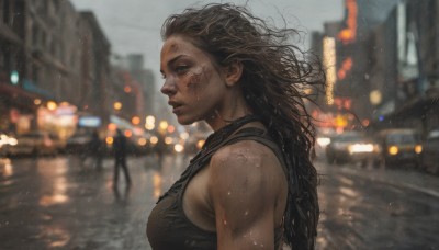 1girl,solo,long hair,breasts,brown hair,black hair,bare shoulders,medium breasts,closed mouth,upper body,outdoors,sleeveless,dark skin,blurry,from side,dark-skinned female,lips,wet,profile,depth of field,blurry background,scar,tank top,ground vehicle,messy hair,motor vehicle,rain,city,realistic,nose,car,wet hair,dirty,very dark skin,night,wind,road,street,bokeh,dirty face