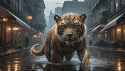 looking at viewer, open mouth, outdoors, water, no humans, animal, building, reflection, rain, road, power lines, street, tiger, puddle