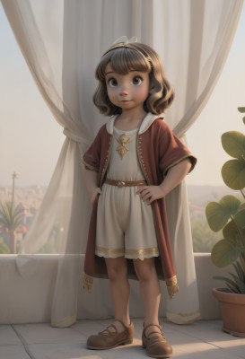 1girl,solo,looking at viewer,smile,short hair,bangs,brown hair,dress,brown eyes,closed mouth,standing,full body,short sleeves,hairband,shoes,belt,indoors,medium hair,lips,see-through,window,brown footwear,plant,curtains,child,backlighting,hands on hips,robe,female child,potted plant,flower pot,shorts,artist name,dark skin,necklace,dark-skinned female,realistic