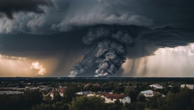 outdoors,sky,cloud,water,tree,no humans,ocean,cloudy sky,nature,scenery,forest,smoke,horizon,watercraft,landscape,day,grass,fire,building,flying