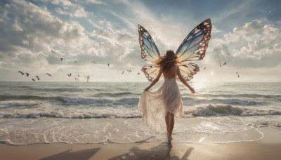 1girl, solo, long hair, brown hair, dress, outdoors, wings, sky, barefoot, day, cloud, water, from behind, white dress, see-through, shadow, bird, ocean, beach, cloudy sky, scenery, skirt hold, sand, horizon, facing away, waves, butterfly wings