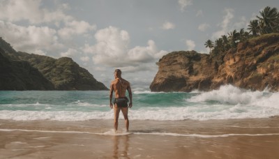 solo,short hair,brown hair,black hair,1boy,standing,male focus,outdoors,sky,shorts,barefoot,day,cloud,water,from behind,tree,muscular,ocean,back,beach,cloudy sky,muscular male,scenery,bara,walking,topless male,rock,sand,palm tree,facing away,wide shot,male swimwear,waves,shore,long hair,ponytail,tattoo,wading,horizon