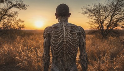 solo,1boy,jewelry,male focus,earrings,outdoors,sky,from behind,tree,back,grass,nature,scenery,sunset,sun,facing away,bald,very short hair,skeleton,bare tree,orange sky,spine,short hair,black hair,standing,upper body,field,cyborg,ribs,bone,sunrise,yellow sky