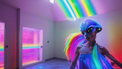 1girl,solo,long hair,looking at viewer,blonde hair,dress,bare shoulders,green eyes,blue hair,yellow eyes,upper body,pink hair,multicolored hair,indoors,dark skin,dark-skinned female,lips,strapless,makeup,blue dress,colored skin,lipstick,strapless dress,science fiction,android,rainbow,colorful,rainbow gradient,rainbow hair,mask,glowing,glowing eyes