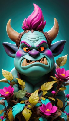 solo,looking at viewer,blush,smile,open mouth,1boy,pink hair,flower,male focus,horns,teeth,pointy ears,artist name,orange eyes,gradient,gradient background,no humans,colored skin,leaf,fangs,watermark,plant,sharp teeth,web address,pink flower,colored sclera,green background,purple flower,green skin,mohawk,upper body,signature,blue skin,yellow sclera,tusks