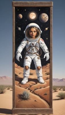 1girl,solo,brown hair,standing,full body,closed eyes,sky,leaf,moon,helmet,star (sky),full moon,floating,starry sky,science fiction,mountain,realistic,space,planet,open hands,earth (planet),spacesuit,space helmet,astronaut,gloves,brown eyes,signature,grass,nose,flag,american flag,spacecraft