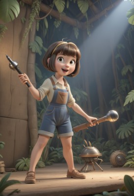 1girl,solo,looking at viewer,smile,short hair,open mouth,bangs,brown hair,shirt,holding,brown eyes,standing,full body,white shirt,:d,hairband,outdoors,shoes,shorts,teeth,day,collared shirt,blunt bangs,leaf,upper teeth only,brown footwear,sunlight,plant,child,sleeves rolled up,light rays,female child,overalls,hammer,industrial pipe,flashlight,blue overalls,overall shorts,short sleeves,bob cut,denim,robot