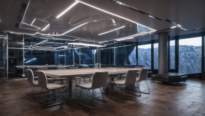 sky,indoors,tree,no humans,window,chair,table,scenery,snow,science fiction,wooden floor,mountain,wooden chair,desk,glass,light,tile floor,ceiling light