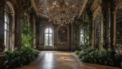 day,indoors,water,tree,no humans,window,sunlight,plant,scenery,reflection,stairs,door,potted plant,light,candle,ruins,vines,pillar,ceiling,arch,candlestand,reflective floor,chandelier,overgrown,column,chair,table,architecture,statue,church