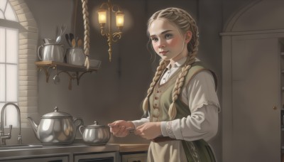 1girl,solo,long hair,blush,blue eyes,blonde hair,brown hair,shirt,long sleeves,dress,holding,closed mouth,white shirt,braid,indoors,apron,vest,twin braids,lips,window,table,knife,hair over shoulder,freckles,spoon,lamp,teapot,cabinet,kettle,smile,upper body,sunlight,realistic,ladle,kitchen