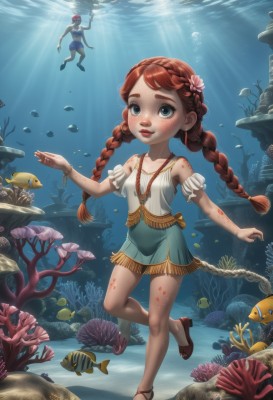 1girl,long hair,blush,smile,blue eyes,multiple girls,skirt,brown hair,shirt,hair ornament,1boy,dress,2girls,bare shoulders,twintails,jewelry,standing,collarbone,full body,braid,flower,red hair,parted lips,sleeveless,solo focus,artist name,hair flower,water,necklace,twin braids,flat chest,bracelet,lips,ocean,sandals,sunlight,standing on one leg,green skirt,child,freckles,fish,bubble,light rays,rock,underwater,female child,air bubble,swimming,submerged,turtle,freediving,coral,seaweed,holding breath,clownfish,breasts,white shirt,earrings,small breasts,shoes,shorts,high heels,eyelashes,blood,watermark,leg up,thick eyebrows,nose,red lips,aquarium