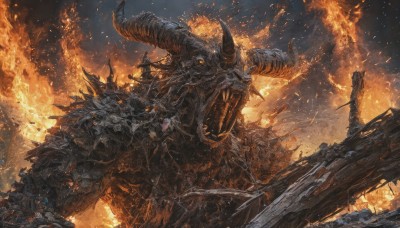 solo,open mouth,weapon,outdoors,horns,teeth,sword,armor,no humans,glowing,fire,sharp teeth,monster,fantasy,dragon,giant,embers,burning,destruction,molten rock,scenery