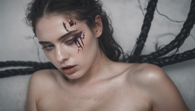 1girl,solo,long hair,looking at viewer,blue eyes,black hair,collarbone,upper body,nude,parted lips,lips,blood,scar,messy hair,injury,realistic,eyelashes,makeup,portrait,red lips