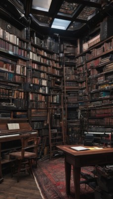 indoors,book,no humans,chair,table,scenery,wooden floor,bookshelf,lamp,computer,shelf,book stack,library,ceiling,ladder,carpet,rug,ceiling light