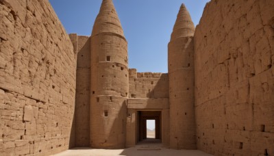 outdoors,sky,day,blue sky,no humans,window,shadow,building,scenery,door,wall,ruins,pillar,desert,arch,tower,statue