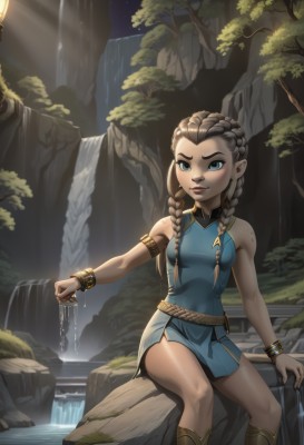 1girl,solo,long hair,breasts,looking at viewer,smile,blue eyes,brown hair,dress,holding,bare shoulders,jewelry,sitting,closed mouth,braid,small breasts,boots,outdoors,sky,sleeveless,pointy ears,belt,artist name,water,twin braids,bracelet,tree,lips,night,sleeveless dress,blue dress,watermark,short dress,thick eyebrows,knee boots,aged down,star (sky),nature,night sky,hair over shoulder,web address,forehead,armlet,freckles,patreon username,rock,nose,bracer,soaking feet,waterfall,blush,medium breasts,feet out of frame,starry sky