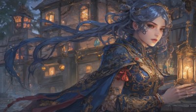 1girl,solo,long hair,breasts,looking at viewer,bangs,hair ornament,ribbon,holding,brown eyes,jewelry,blue hair,upper body,hairband,earrings,outdoors,parted lips,detached sleeves,sky,necklace,cape,nail polish,armor,bracelet,tree,lips,fingernails,parted bangs,makeup,night,floating hair,moon,bug,lipstick,wind,building,gem,butterfly,night sky,full moon,blue nails,lantern,stairs,fantasy,red lips,architecture,blue cape,blue cloak,dress,yellow eyes,from side,red ribbon,orange eyes,eyelashes,window,blue dress,ring,red nails,cloak,armlet