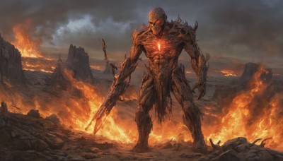 solo,red eyes,1boy,holding,standing,full body,weapon,male focus,outdoors,sky,sword,cloud,holding weapon,armor,gun,muscular,glowing,cloudy sky,fire,holding gun,glowing eyes,claws,skull,monster,mountain,loincloth,alien,embers,burning,molten rock,spikes,smoke,demon,arm blade