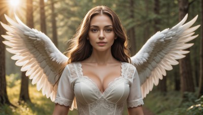 1girl,solo,long hair,breasts,looking at viewer,smile,large breasts,brown hair,dress,cleavage,brown eyes,closed mouth,collarbone,upper body,short sleeves,multicolored hair,outdoors,wings,white dress,blurry,tree,lips,blurry background,sunlight,nature,feathered wings,forest,curly hair,angel wings,realistic,nose,white wings,angel,medium breasts,parted lips,day,dark skin,dark-skinned female