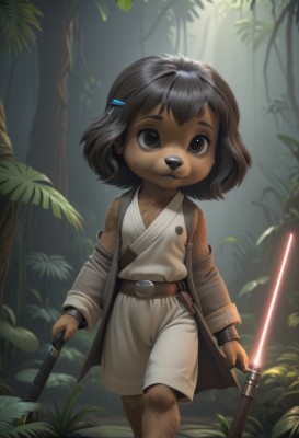 1girl,solo,looking at viewer,smile,short hair,brown hair,black hair,hair ornament,holding,animal ears,brown eyes,standing,weapon,outdoors,detached sleeves,shorts,hairclip,belt,sword,dark skin,holding weapon,tree,child,nature,furry,forest,walking,furry female,female child,male child,animal nose,energy sword,lightsaber,bangs,long sleeves,collarbone,parted lips,teeth,artist name,flat chest,leaf,science fiction,body fur,brown fur