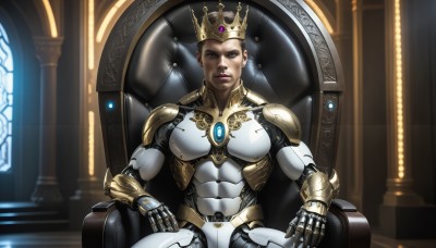 HQ,solo,looking at viewer,short hair,brown hair,1boy,sitting,closed mouth,male focus,indoors,dark skin,armor,lips,muscular,chair,crown,realistic,cyborg,throne,black hair,gem,science fiction,android,very short hair,pillar,robot joints,power armor