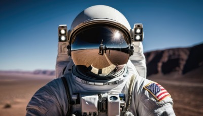 solo,upper body,outdoors,sky,day,blurry,military,depth of field,blurry background,helmet,1other,science fiction,realistic,planet,ambiguous gender,american flag,spacesuit,desert,japanese flag,pilot,space helmet,united states,astronaut,1girl,1boy,multiple boys,2boys,blue sky,pilot suit,american flag print