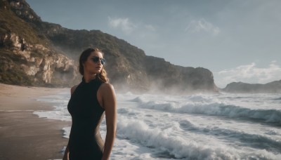 1girl,solo,long hair,breasts,brown hair,black hair,dress,bare shoulders,medium breasts,braid,outdoors,sky,sleeveless,day,cloud,water,black dress,lips,one-piece swimsuit,sleeveless dress,ocean,beach,sunglasses,cloudy sky,scenery,mountain,realistic,sand,waves,blue eyes,blonde hair,upper body,looking to the side,turtleneck,sunlight,aviator sunglasses