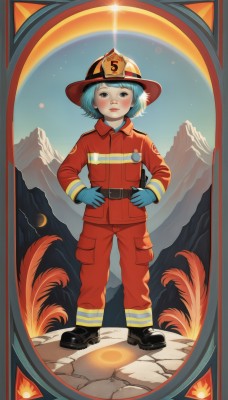 1girl,solo,looking at viewer,short hair,gloves,long sleeves,hat,closed mouth,blue hair,standing,jacket,full body,boots,outdoors,sky,shoes,belt,pants,black footwear,black eyes,lips,aqua hair,moon,helmet,red jacket,hands on hips,mountain,sun,blue gloves,red pants,blush,watermark