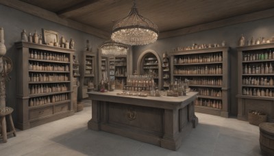 indoors,cup,book,no humans,chair,table,bottle,scenery,alcohol,drinking glass,wooden floor,bookshelf,basket,wine glass,stool,wine,shelf,wine bottle,ceiling,bar (place),counter,barrel,ceiling light,chandelier,window,stairs,fantasy,candle,candlestand,cabinet,crate