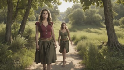 long hair,breasts,looking at viewer,multiple girls,skirt,blonde hair,brown hair,shirt,dress,2girls,cleavage,brown eyes,jewelry,medium breasts,standing,outdoors,day,tree,lips,shadow,sandals,sunlight,grass,nature,scenery,forest,walking,long skirt,realistic,arms at sides,road,path,green skirt,curly hair,bush