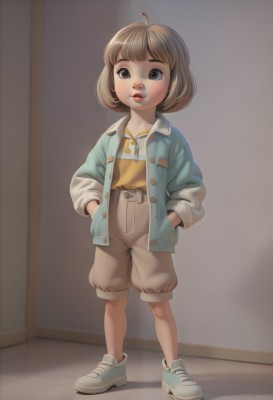 1girl,solo,looking at viewer,short hair,bangs,brown hair,shirt,long sleeves,brown eyes,standing,jacket,full body,parted lips,open clothes,shoes,shorts,pants,indoors,open jacket,lips,buttons,blue jacket,sneakers,child,yellow shirt,nose,hands in pockets,tiles,female child,tile floor,no socks,open mouth,ahoge,teeth,shadow,bob cut,red lips,shirt tucked in,orange shirt,brown shorts