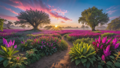 flower, outdoors, sky, cloud, tree, no humans, sunlight, cloudy sky, grass, plant, nature, scenery, sunset, purple flower, sun, road, field, path