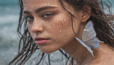 1girl, solo, long hair, looking at viewer, brown hair, brown eyes, parted lips, blurry, lips, wet, eyelashes, blurry background, bug, butterfly, portrait, realistic, nose, wet hair