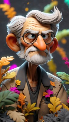 solo,looking at viewer,blue eyes,shirt,1boy,closed mouth,jacket,upper body,flower,white hair,grey hair,male focus,glasses,artist name,signature,blurry,black shirt,blurry background,facial hair,thick eyebrows,beard,black-framed eyewear,brown jacket,yellow flower,round eyewear,mustache,old,old man,orange flower,collarbone,white shirt,open clothes,teeth,collared shirt,open jacket,depth of field,leaf,watermark,plant,web address,serious,brown coat