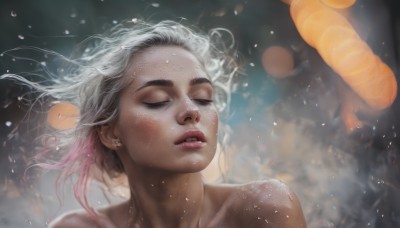 1girl,solo,short hair,bare shoulders,jewelry,collarbone,closed eyes,pink hair,white hair,nude,multicolored hair,earrings,parted lips,food,teeth,artist name,blurry,two-tone hair,lips,floating hair,depth of field,blurry background,watermark,wind,portrait,facing viewer,snow,freckles,snowing,realistic,nose,stud earrings,grey hair,eyelashes,makeup