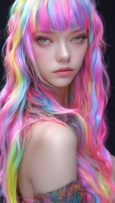 1girl,solo,long hair,looking at viewer,bangs,blonde hair,simple background,bare shoulders,closed mouth,blue hair,upper body,pink hair,multicolored hair,artist name,blunt bangs,from side,lips,grey eyes,eyelashes,makeup,black background,eyeshadow,freckles,pink lips,realistic,nose,eyeliner,colorful,rainbow hair,streaked hair,aqua hair,watermark,wavy hair,expressionless,portrait,web address,mascara