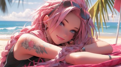 1girl,solo,long hair,looking at viewer,blush,smile,blue eyes,bare shoulders,jewelry,closed mouth,upper body,pink hair,braid,earrings,outdoors,lying,sky,sleeveless,day,cloud,water,blurry,twin braids,bracelet,tree,blue sky,lips,sleeveless shirt,single braid,tattoo,makeup,depth of field,blurry background,ocean,umbrella,beach,crossed arms,sunglasses,ring,on stomach,lipstick,towel,eyewear on head,head rest,pink lips,sand,palm tree,shade,arm tattoo,shoulder tattoo,beach umbrella,mascara,beach towel,bangs,nail polish,piercing,eyes visible through hair,horizon,bangle