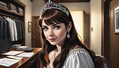 1girl,solo,long hair,looking at viewer,smile,brown hair,dress,bare shoulders,jewelry,earrings,indoors,necklace,black eyes,lips,grey eyes,makeup,chair,tiara,lipstick,paper,realistic,red lips,pearl necklace,bangs,brown eyes,upper body,white dress,phone,portrait,desk,office