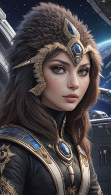 1girl,solo,long hair,breasts,looking at viewer,brown hair,brown eyes,jewelry,upper body,lips,makeup,star (sky),starry sky,freckles,science fiction,realistic,nose,space,planet,earth (planet),spacecraft,black hair,parted lips,artist name,mole,eyelashes,mole under eye,lipstick,headpiece